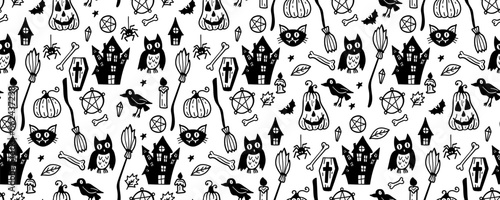 Monochrome seamless pattern of cute Halloween hand drawn doodle. Black and white background with Pumpkin, broom, owl, skull, house, castle, raven, pentagram, witch, cat, leaves, spider