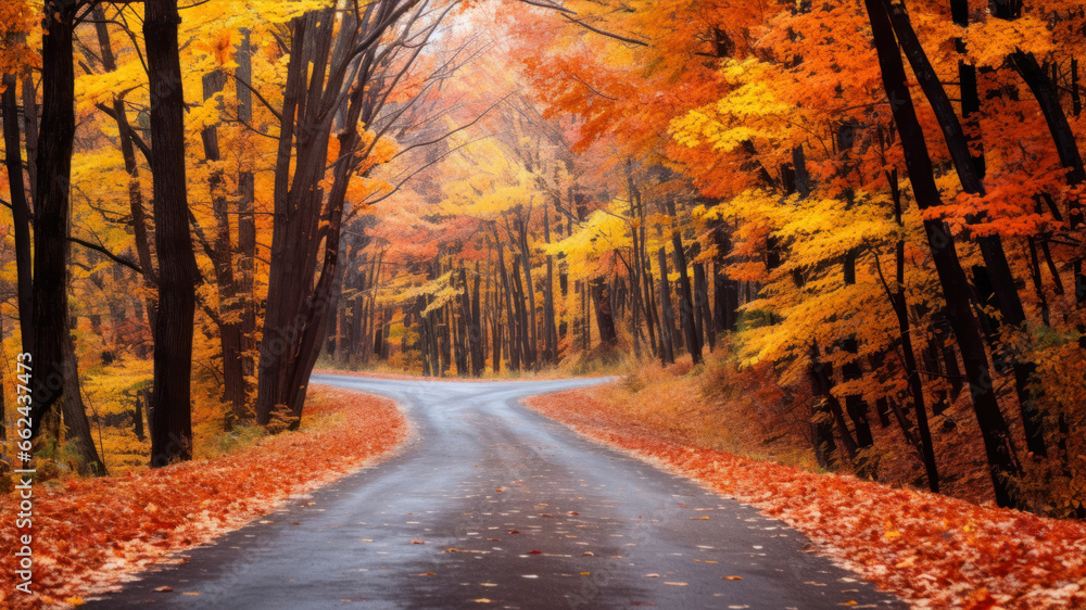 Autumn road in the forest with colorful trees and fallen leaves.