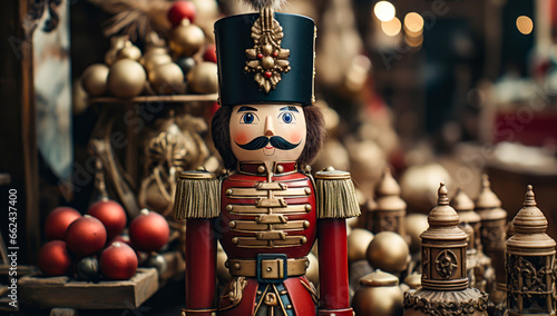 a christmas nutcracker soldier is in front of christmas decoration  winter  gifts  santa claus