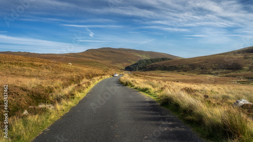 White car on a black narrow road leading through a valley with peatbog and forest in Wicklow Mountains, Ireland