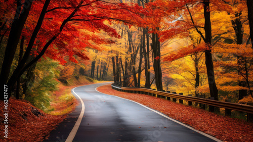 Autumn road in the forest. Beautiful landscape with autumn trees.