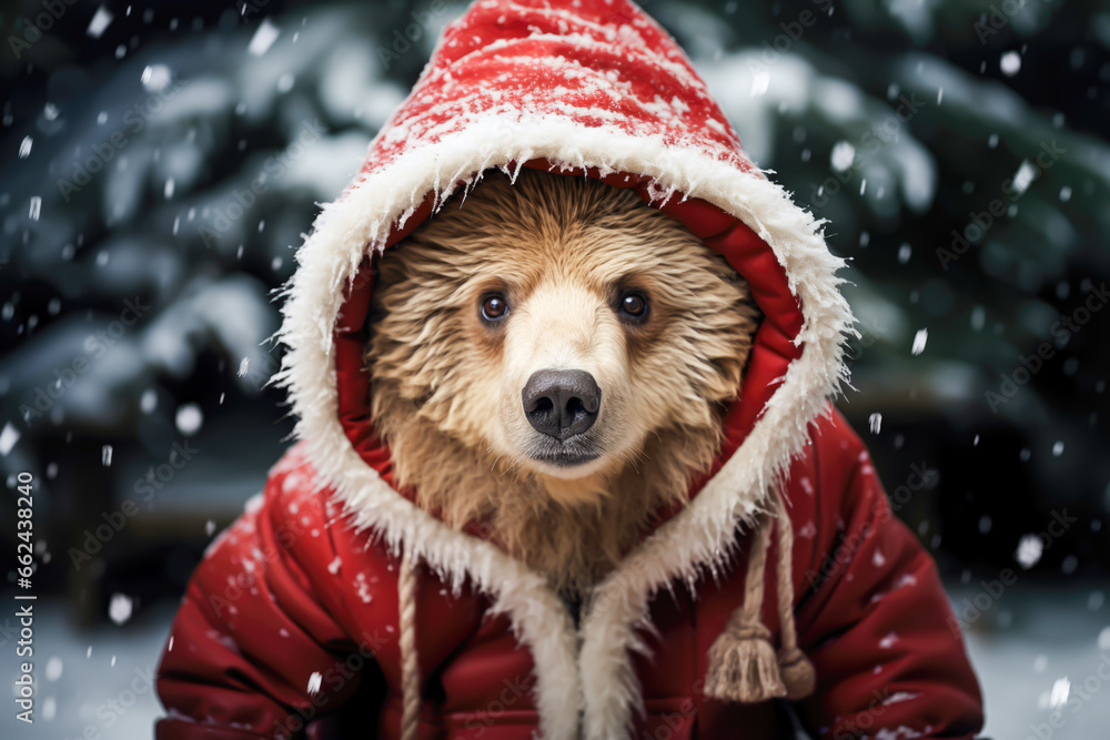 a bear in the snow dressed in a red hat and coat, christmas concept animals