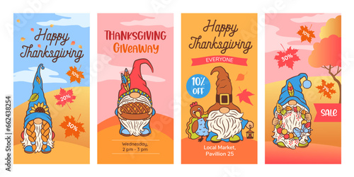 Vector thanksgiving banner with gnome. Fall social media story design. Cute autumn scandinavian gnome on the yellow orange pink background with copy space. Fall vertical banner, autumn flyer, stories.
