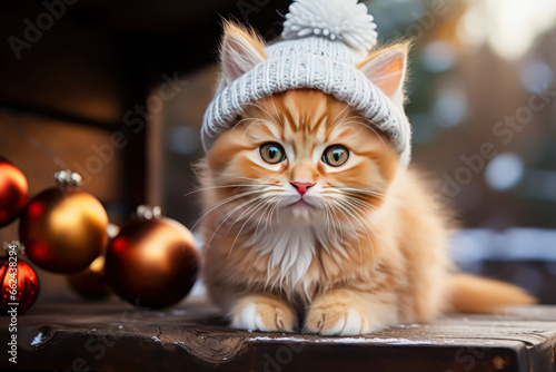 a kitten with white hat and christmas decoration on a wooden table, christmas concept animals