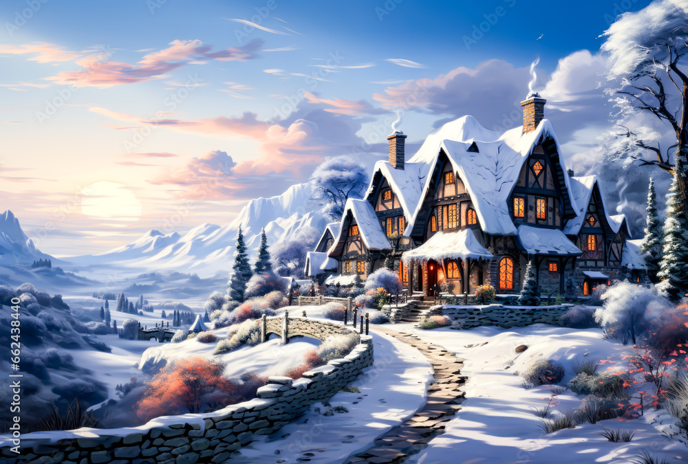 illustration of a house in the snowy mountains, nice day, several paths on the ground, winter, christmas