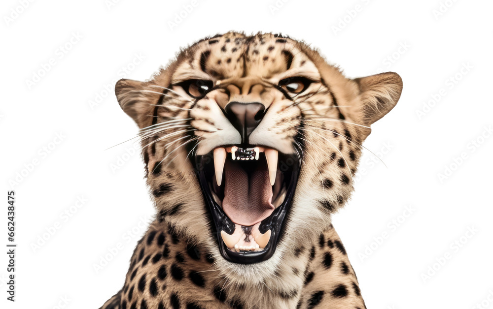 Obraz premium Cheetah Roaring in the Wild rac on a Clear Surface or PNG Transparent Background.
