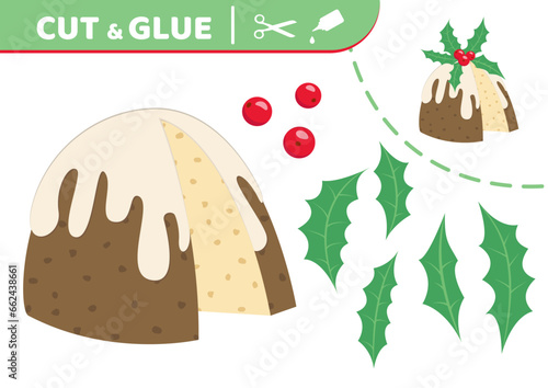 Christmas cake. Cut and glue. Application work. Paper game. Vector