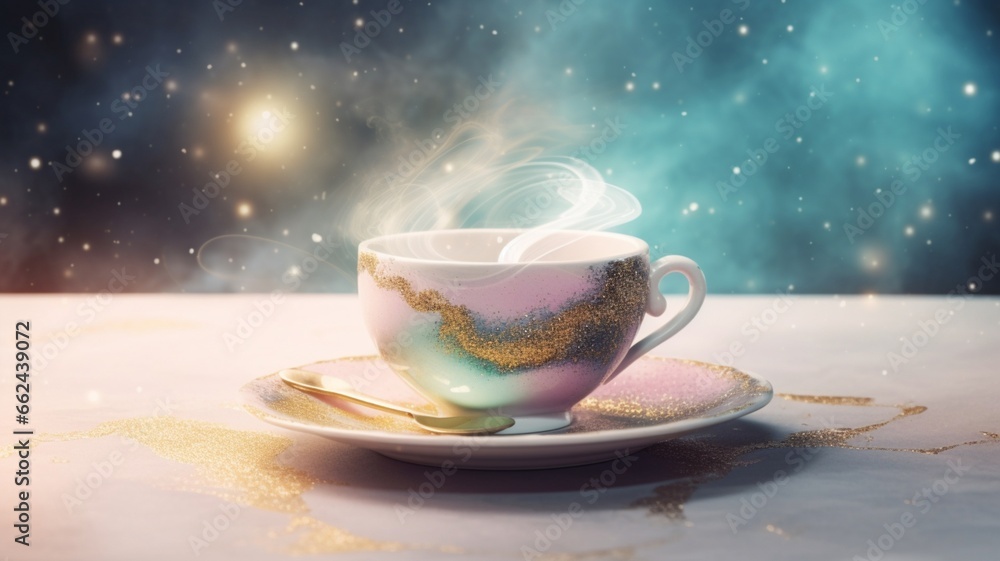 White teacup galaxy around saucer sets illustration picture AI generated art - obrazy, fototapety, plakaty 