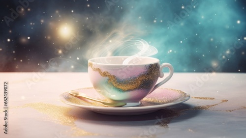 White teacup galaxy around saucer sets illustration picture AI generated art
