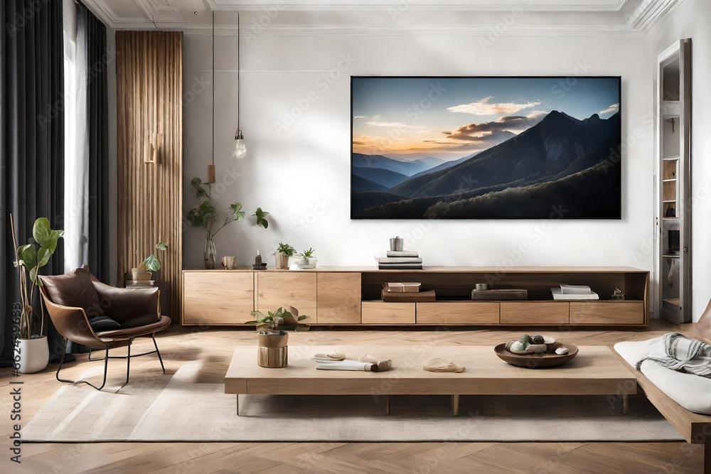 Fototapeta premium A Canvas Frame for a mockup majestically hung above a sleek, matte-finished TV console in a modern TV room