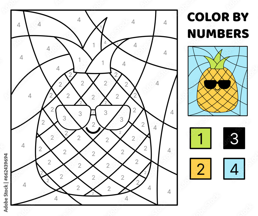 Pineapple. Color by number. Squishmallow. Coloring page. Game for kids. Kawaii, cartoon, vector