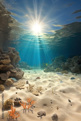 a marvelous view of the clear seabed. The sandy shelf is illuminated by the sun. Blue Water with sunlight. Stones, corals, small fish. free space for text and design.