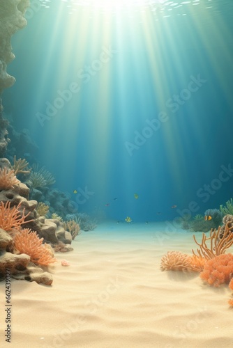 a wonderful view of the clear seabed. The sandy shelf is illuminated by the sun. Blue Water with sunlight. free space for text and design.