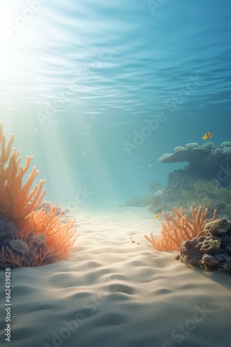 luxurious marine poster. underwater landscape. sunlit shelf view, coral thickets