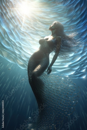 perfect mermaid in sea water. sun rays. clear blue water. photo