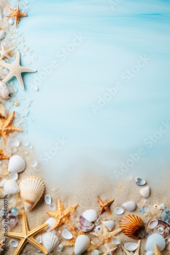 Background. elegant Poster. sea shells, against light blue water. free space