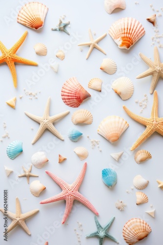 Background. elegant poster. starfish, seashells, On light background