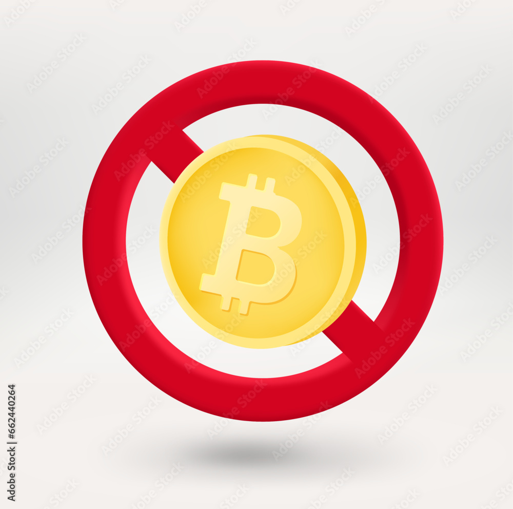 Bitcoin coin in red circle with crossed line. 3d vector icon
Bitcoin coin in red circle with crossed line. 3d vector icon
