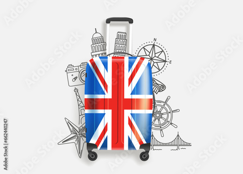 World travel concept with suitcase and doodle elements. Vector 3d illustration 
