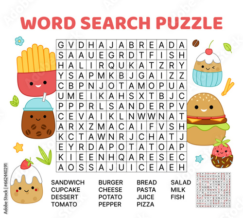 Food. Word search game puzzle for kids. Squishmallow. English words. Cartoon, kawaii
