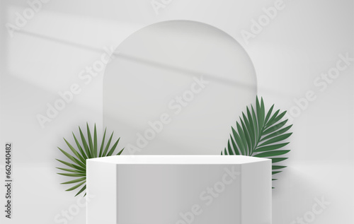Bright room with portal, podiums and green leaves. Product showcase template. 3d vector background