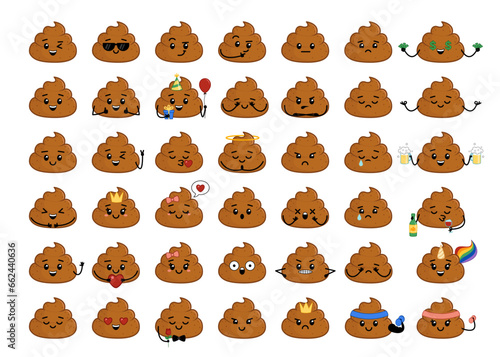 Set of poop characters. Emotions, expressions. Bundle set, collection, clip art of poop. Cartoon vector