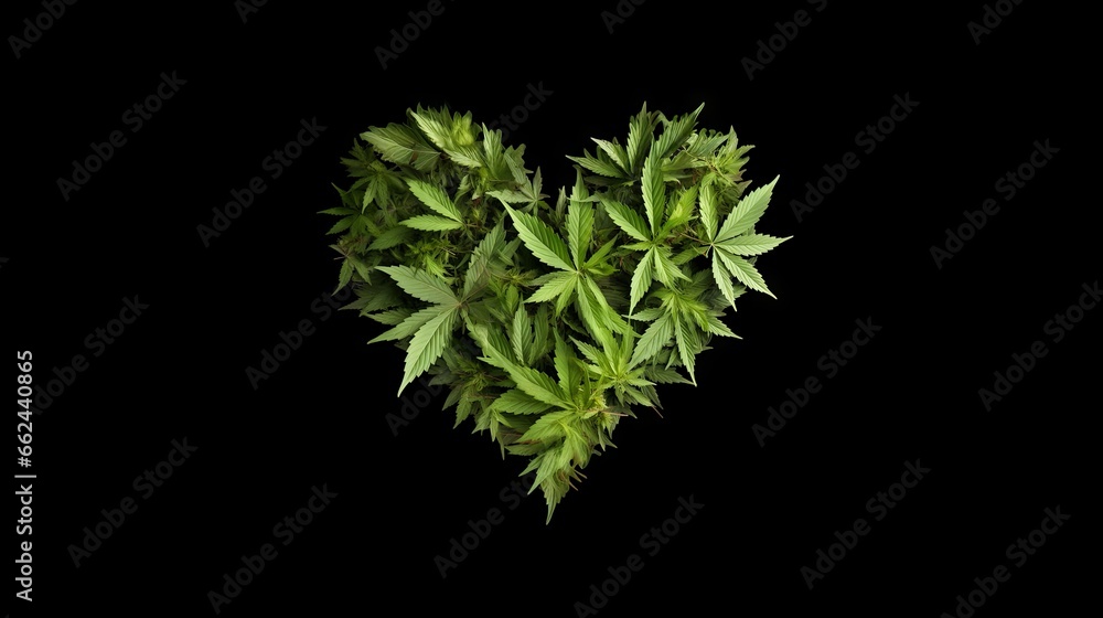Marijuana Cannabis lants in the shape of a  decorative heart - obrazy, fototapety, plakaty 