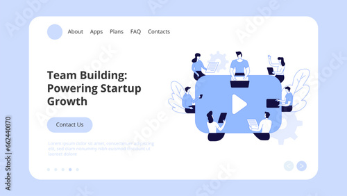 Business startup, goal achievement, boost, project launch, successful idea presentation with infographic icons around. Concept Landing Page Template, Website Banner, Vector Illustration