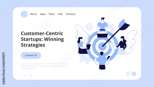 Business startup, goal achievement, boost, project launch, successful idea presentation with infographic icons around. Concept Landing Page Template, Website Banner, Vector Illustration
