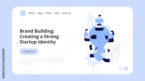 Business startup, goal achievement, boost, project launch, successful idea presentation with infographic icons around. Concept Landing Page Template, Website Banner, Vector Illustration