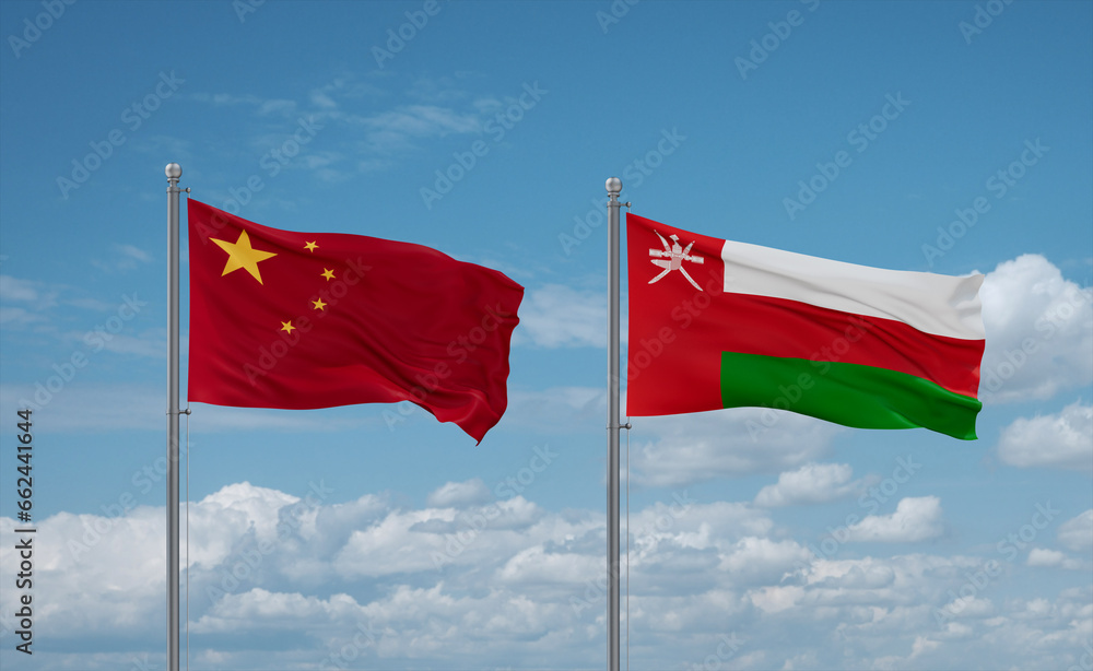 Oman and China flags, country relationship concept
