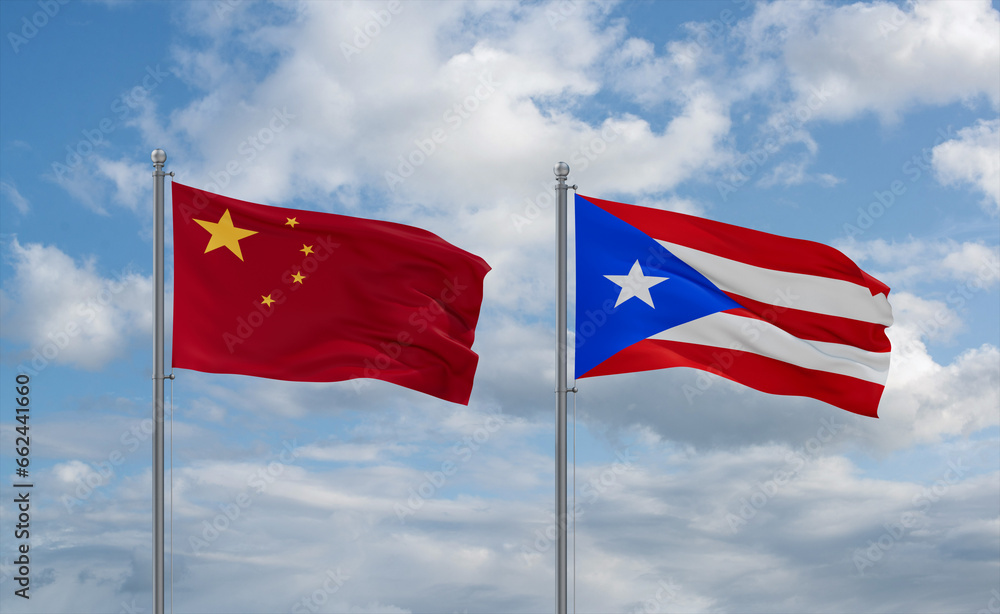Puerto Rico and China flags, country relationship concept