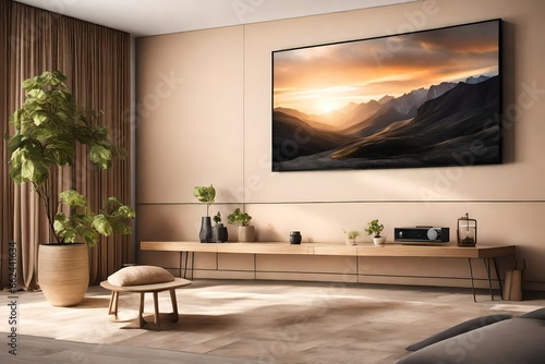A Canvas Frame for a mockup in a modern TV room with textured walls of neutral hues, delicately contrasted by the luminous sheen of a slim OLED TV mounted below © Sajida