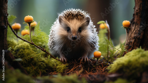 small prickly hedgehog in the forest, urchin, wildlife, animal, green grass, macro photography, plants, mammal, needles, spines, background