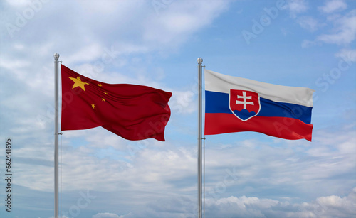 Photography Slovakia and China flags, country relationship concept