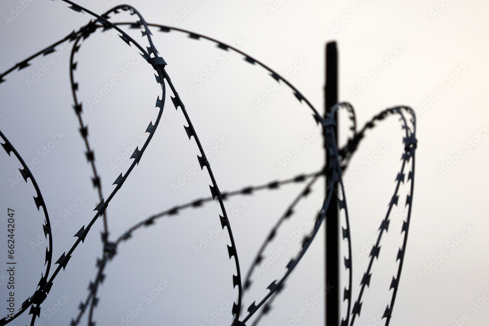 Barbed wire on sky background. Concept of boundary, prison, war or military base Barbed wire on sky background. Concept of boundary, prison, war or military base