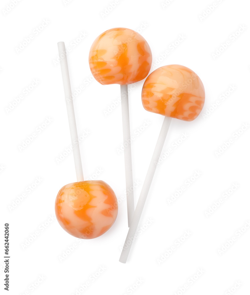 Many sweet colorful lollipops isolated on white, top view Many sweet colorful lollipops isolated on white, top view