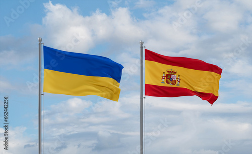 Spain and Ukraine flags, country relationship concept