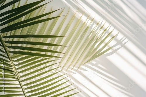 Green tropical tree palm leaves with sunny shadow on white wall as background. Shadows of leaves in sunlight. Copy space. Minimal stylish background for presentation