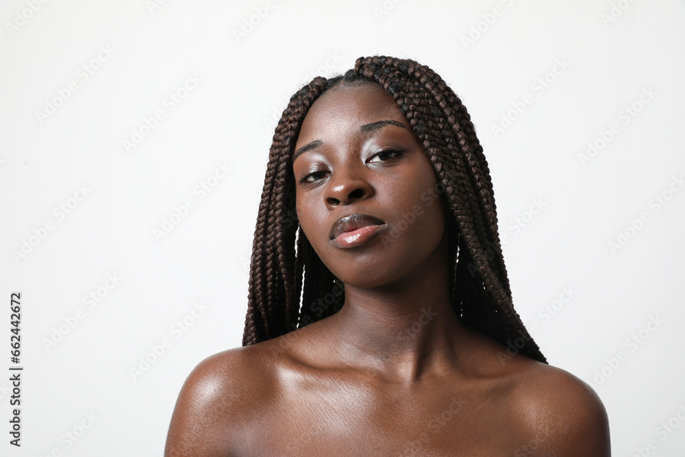 African American woman with braids looking at camera. Essential Beauty. African American woman with braids looking at camera. Essential Beauty.
