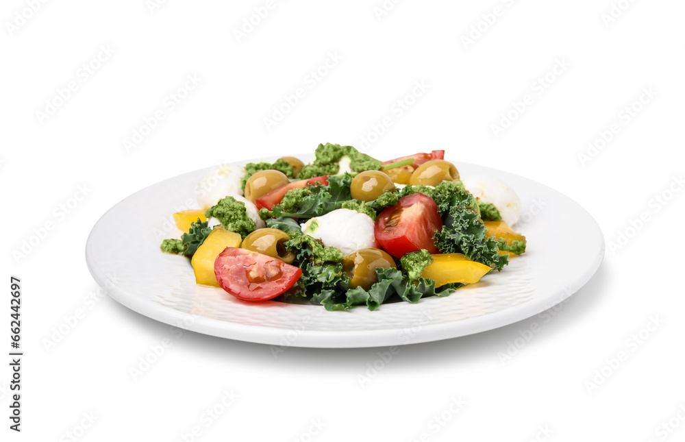 Delicious salad with pesto sauce isolated on white Delicious salad with pesto sauce isolated on white