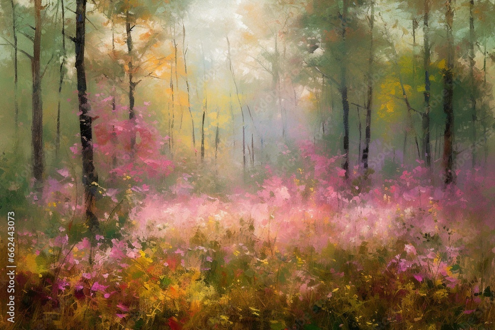 Impressionist forest with pink wildflowers. Generative AI