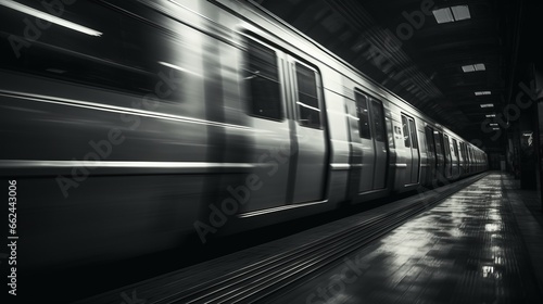 A black and white photo of a subway