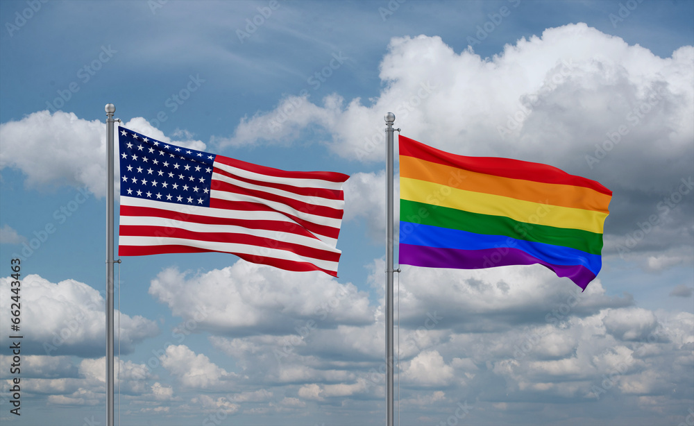 Gay Pride and USA flags, country relationship concept Gay Pride and USA flags, country relationship concept