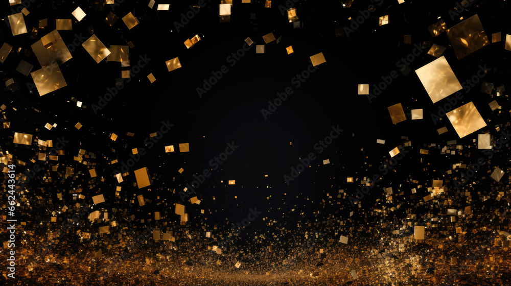 gold confetti with small yellow squares on a black background - obrazy, fototapety, plakaty 