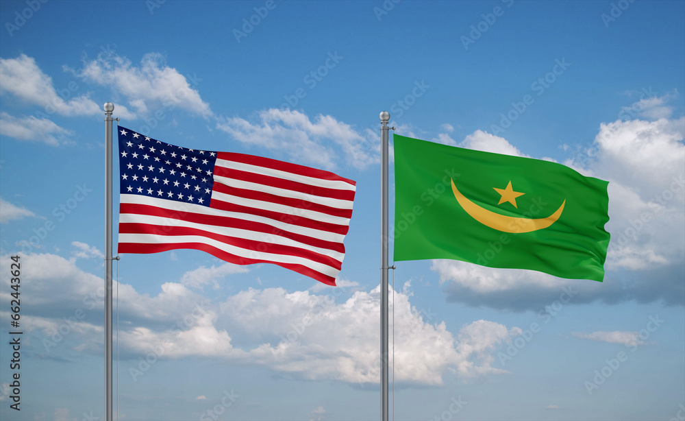 Mauritania and USA flags, country relationship concept