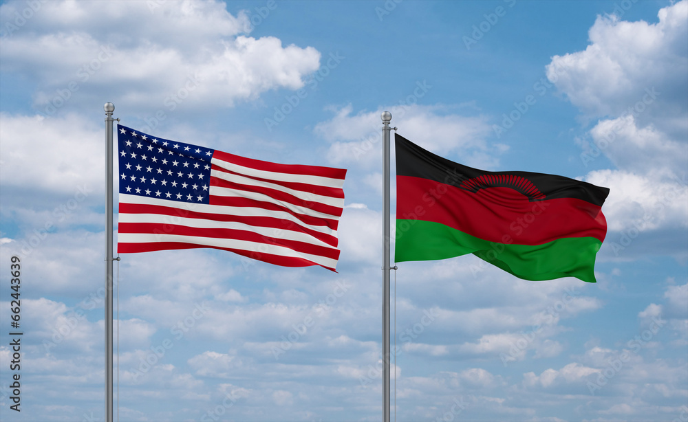 Malawi and USA flags, country relationship concept