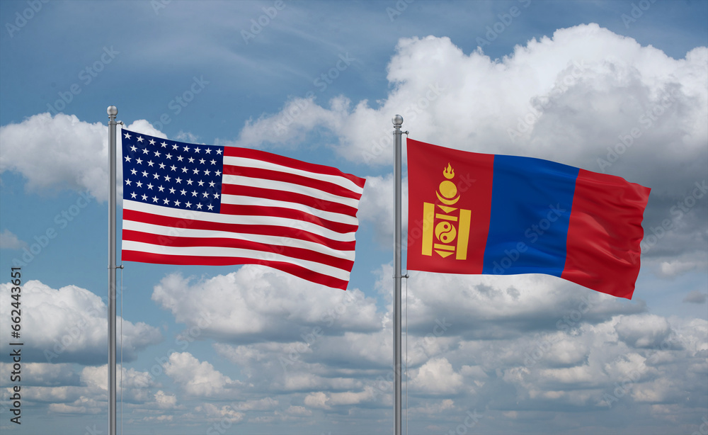 Mongolia and USA flags, country relationship concept
