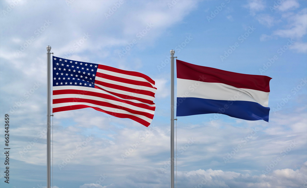 Netherlands and USA flags, country relationship concept
