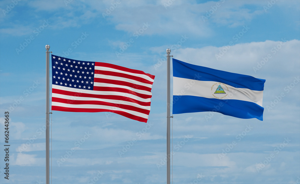Nicaragua and USA flags, country relationship concept